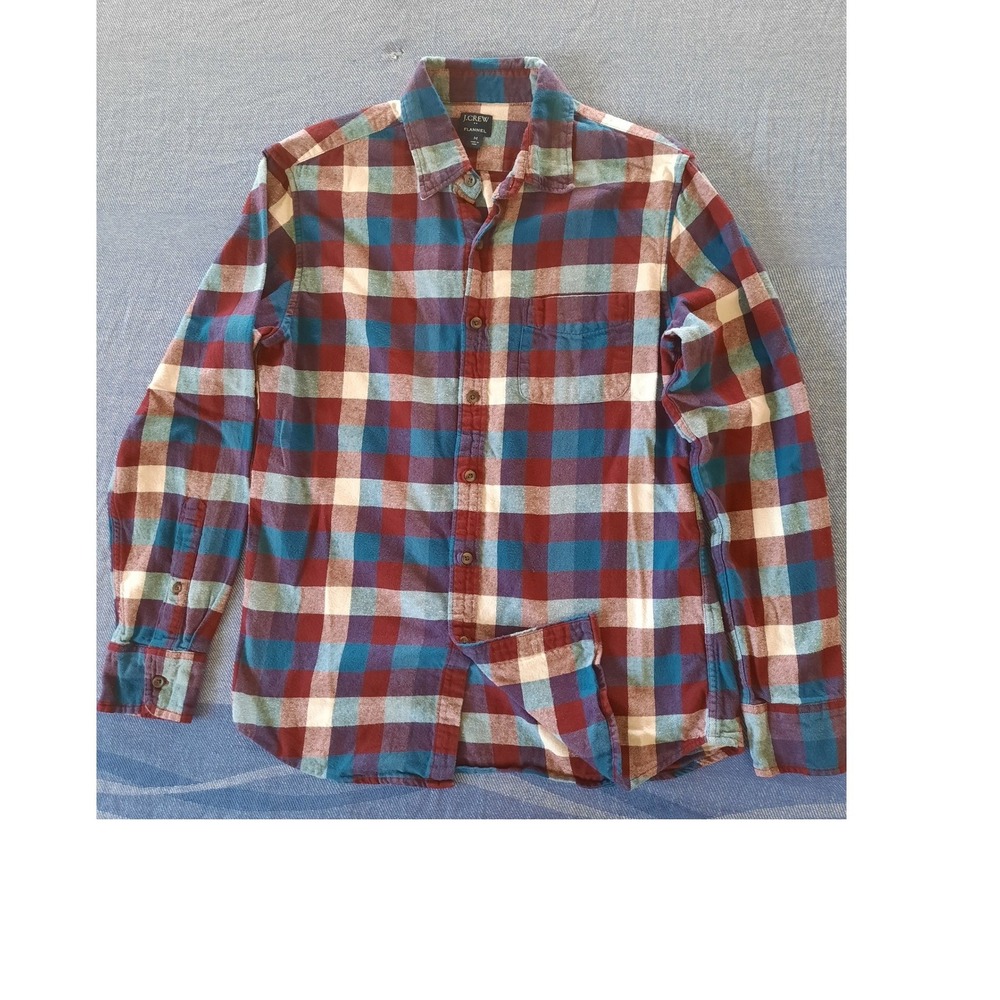 J.Crew Mens Flannel Button Down Shirt Medium Plaid Buffalo Check Teal Burgundy